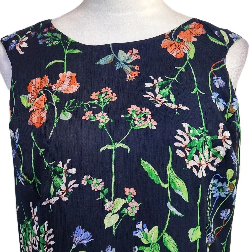 Tommy Hilfiger Women's Trapeze Dress Sz‎ 14 Navy Blue Floral Sleeveless Chiffon